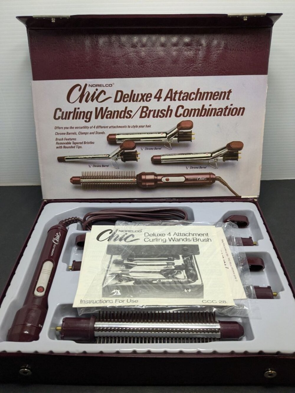 Vtg. Norelco Chic Deluxe 4 Attachment Curling Wands & Brush Combination OB Set